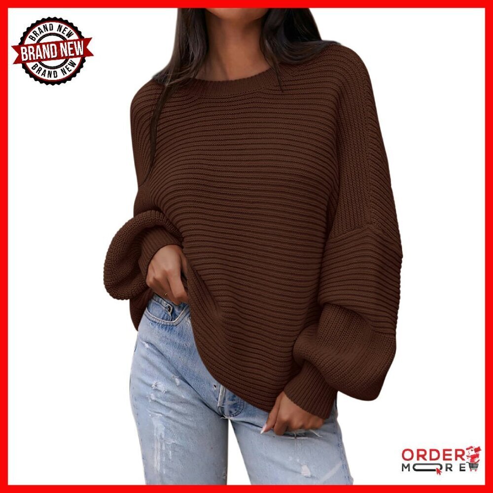 Oversized Chunky Knit Pullover Sweater Lantern Sleeves Ribbed Crewneck